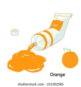 Orange color. Vector illustration of paint tube and orange fruit.