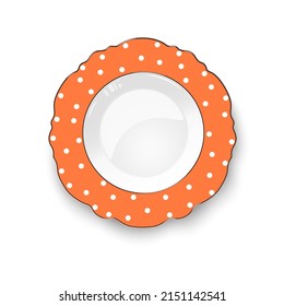 Orange color vector plate with figured edges and polka dot pattern isolated on white background