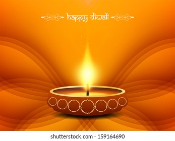 Orange color wave style background for diwali with beautiful lamp. vector illustration