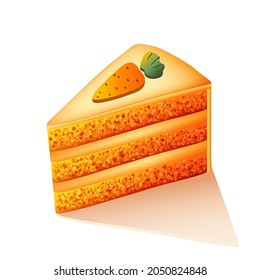 Orange colored carrot cake with porous biscuit layers, whipped cream and cute decoration isolated on white background. Dessert for cafe, restaurant, bakery. Confectionery food vector illustration. 
