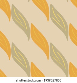 Orange colored foliage leaf ornament seamless hand drawn pattern. Grey pale background. Botany artwork. Perfect for fabric design, textile print, wrapping, cover. Vector illustration.
