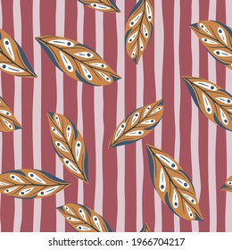 La hoja geométrica de color naranja forma un patrón de doodle impecable. Fondo rayado rosa y gris. Estilo sencillo. Perfecto para el diseño de tela, impresión textil, envoltura, cubierta. Ilustración vectorial.