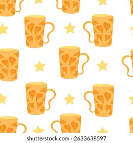 copos grandes cor de laranja com formas de coração e pincel linha arte com estrelas padrão sem costura. copos grandes cor de laranja com formas de coração esculpidas nele padrão sem costura. Bom para têxteis, tecidos, azulejos.