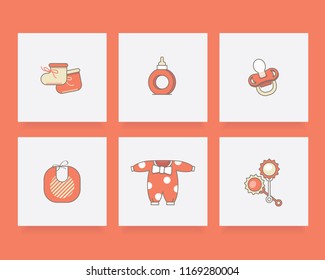 Orange colored newborn baby icon pack with booties, bottle, pacifier, burb cloth, romper suit and rattle toy