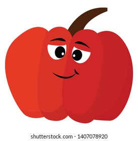 A orange colored pumpkin with a brown stem with two happy eyes and a smile, vector, color drawing or illustration. 