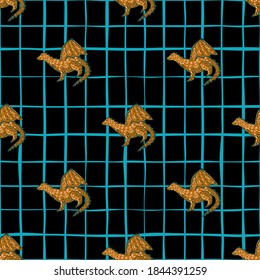Siluetas de dragón simples de color naranja, sin costura. Animales mágicos impresos con fondo de cuadros negros. Fondo para el diseño de tela, impresión textil, envoltura, cubierta. Ilustración vectorial.