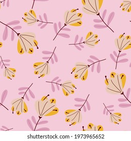 Orange colored simple flowers silhouettes seamless pattern. Lilac background. Bloom scrapbook backdrop. Stock illustration. Vector design for textile, fabric, giftwrap, wallpapers.