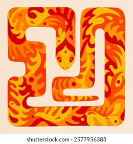Orange colored snake. Bright ethnic illustration with pattern. Snake pattern with floral ornament.