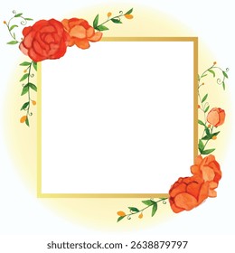 Orange colorful flowers bouquet over golden frame card template. Summer vivid floral arrangements for invitation, wedding ceremony or anniversary. Watercolor hand drawn textured flowers, gold square