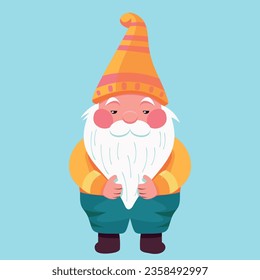 Naranja Colorful Happy Pequeño Gnome viejo hombre con sombrero paternal en fondo turquesa. Ilustración del vector de dibujos animados