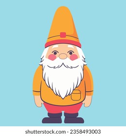 Orange Colorful Happy little Garden Gnome old Man with Pink Blush on Turquoise Background. Cartoon Vector Illustration
