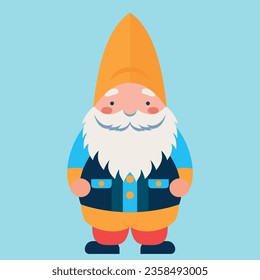 Naranja Colorful Happy Pequeño hombre viejo del Gnome con camiseta azul sobre fondo turquesa. Ilustración del vector de dibujos animados