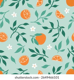 Orange colorful seamless pattern. Vector orange pattern. Citrus fruit background. Perfect for textile manufacturing wallpaper posters etc. Vector illustration. 
