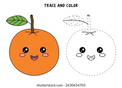 Orange coloring pages for kids. Trace and color Orange. Cute Orange fruit flashcard for kids vector illustration. Letters O is for Orange. Fun fruit worksheets printable for kids activity. 