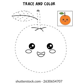 Orange coloring pages for kids. Trace and color Orange. Cute Orange fruit flashcard for kids vector illustration. Letters O is for Orange. Fun fruit worksheets printable for kids activity. 