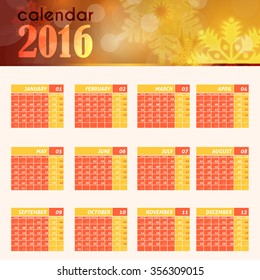 Orange Colors 2016 Full Calendar Template - Promotion Poster Vector Design, Week Starts Monday