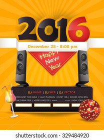 Orange Colors Background of 2016 Happy New Year Party Elements Flyer, Poster Vector Design 