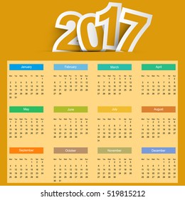 Orange Colors Full Calendar Year 2017 - Week Starts Sunday.