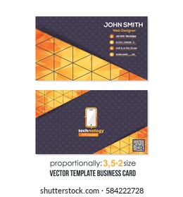 Orange Colors Low Poly Geometric Illustratio. Abstract Polygonal Elements Vector Business Card Design. Front and Back Presentation Isolated on Background