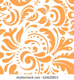 In orange colors on a white background. Ikat damask seamless pattern background tile. Vector illustration.