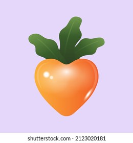 Orange colour cute heart shape carrot. Isolated on pastel purple background. Ready to use for your business. Realistic 3d vector illustration.
