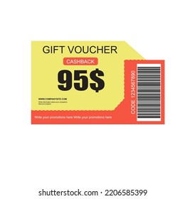 Orange colour set of coupon promotion sale for website, internet ads, social media or coupon. Cashback coupon discount 95$. Coupon discount with vector illustration