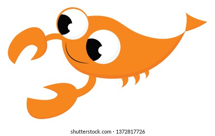 An orange coloured crayfish swimming in the sea having big eyes two sharp claws and small tentacles vector color drawing or illustration 
