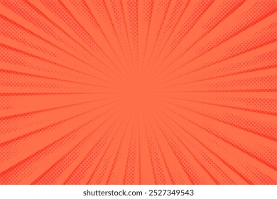 Orange comic background. Art pop cartoon backdrop. Halftone effect pattern. Fun anime texture. Starburst manga style bg. Mark popart radial gradient. Bright abstract neon color. Vector illustration