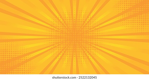 Orange comic background with sun burst and dot halftone. Cartoon funny retro pattern strip mock up. Vector halftone illustration. Vintage backdrop for comic superhero text, speech bubble, message.