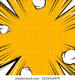 an orange comic book style background with radial lines and white dots , suggesting an explosion or burst of energy