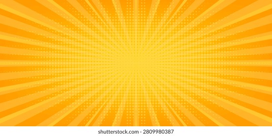 Orange comic book style background with a radial sunburst pattern and halftone dots texture