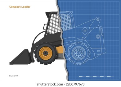 Orange Compact Loader. Outline Side View. Isolated Drawing Of Mini Bulldozer. Industrial 3d Blueprint Of Loading Machine. Vector Illustration