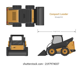 Cargador compacto naranja. Vista lateral, frontal y superior. Dibujo aislado de mini bulldozer. Plano industrial de la máquina de carga. Ilustración del vector