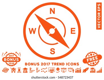 Orange Compass icon with bonus 2017 trend pictograph collection. Vector illustration style is flat iconic symbols, white background.