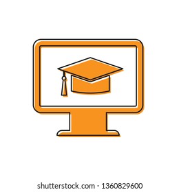 Orange Computer monitor with graduation cap icon isolated on white background. Online learning or e-learning concept. Internet knowledge symbol. Vector Illustration