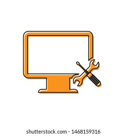 Orange Computer monitor with screwdriver and wrench icon isolated on white background. Adjusting, service, setting, maintenance, repair, fixing.  Vector Illustration