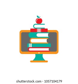 orange computer monitor with stack of colorful books. Isolated on white background. Flat vector simple icon. Internet knowledge symbol. Good for web and mobile design.  on-line education sign. 