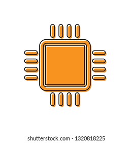Orange Computer processor with microcircuits CPU icon isolated on white background. Chip or cpu with circuit board sign. Micro processor. Flat design. Vector Illustration