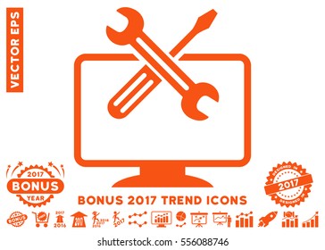Orange Computer Tools icon with bonus 2017 year trend icon set. Vector illustration style is flat iconic symbols, white background.