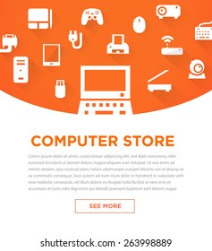 Orange computers device icons. Banner for store. Vector pictograms