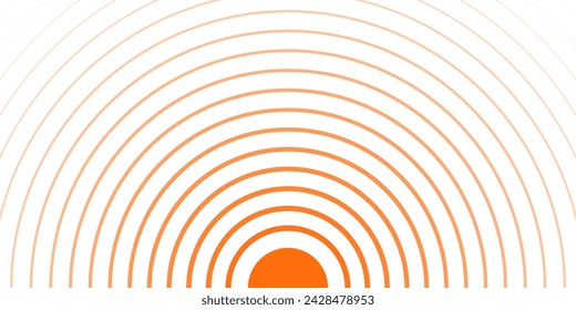 Orange concentric circles banner. Radial pattern. Sun, sunlight, sunrise, sunset, sunburst background. Ripples, impact, sonar waves, epicenter, radar signal, target wallpaper. Vector flat illustration