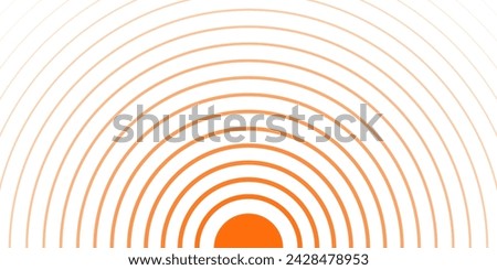 Orange concentric circles banner. Radial pattern. Sun, sunlight, sunrise, sunset, sunburst background. Ripples, impact, sonar waves, epicenter, radar signal, target wallpaper. Vector flat illustration