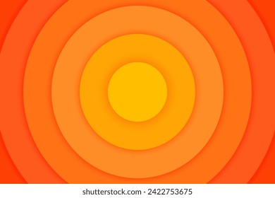 Banner de círculos concéntricos naranjas. Sol, luz solar, amanecer, fondo de explosión de sol. Espuelas, impacto, epicentro, radar, objetivo, fondo de pantalla de ondas sonares. Ilustración vectorial con efecto de corte de papel.