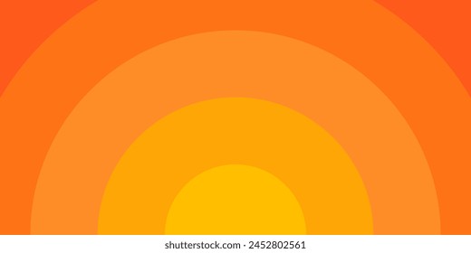 Orange concentric circles banner. Sun, sunburst, sunrise or sunset background. Ripples, impact, sonar wave, epicenter, pain, radar signal wallpaper. Vector flat illustration.