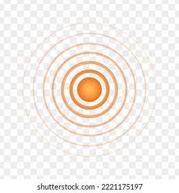 Orangefächerter Punkt. Das Symbol Lokalisierung runden. Symbol des Ziels, Ziel, Schmerz, Heilung, Schmerz, Schmerzen, Schmerzen. Radar-, Ton- oder Sonarwellenzeichen auf transparentem Hintergrund. Vektorgrafik