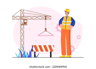 Concepto naranja Ingeniero de construcción con gente escena en el estilo de dibujos planos. El ingeniero supervisa el funcionamiento de una grúa de construcción. Ilustración vectorial.