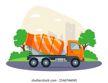 orange concrete mixer rides on the road to the construction site. flat vector illustration.