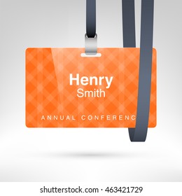 Orange conference badge with name tag placeholder. Blank badge template in plastic holder with black lanyard. Vector illustration. Horizontal layout.