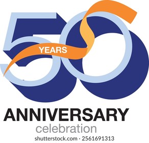orange confetti above blue monochrome color number 50 with words anniversary celebration in the bottom isolated on white background.