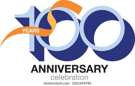 orange confetti above blue monochrome color number 100 with words anniversary celebration in the bottom isolated on white background.